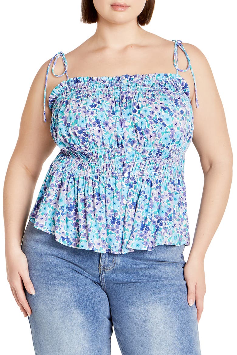 Lyla Floral Tie Strap Peplum Tank, Main, color, BLUE DITSY FLORAL