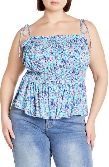 City Chic Lyla Floral Tie Strap Peplum Tank In Blue