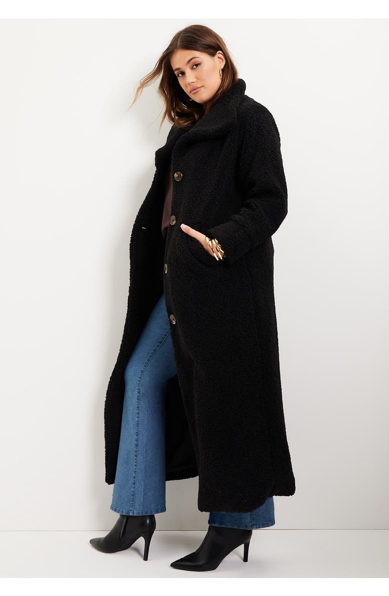 June + Vie Maxi Teddy Fleece Coat, Alternate, color, Black