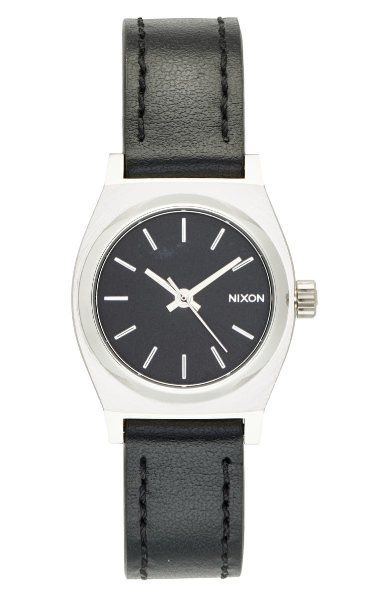 Nixon 'Small Time Teller' Leather Strap Watch, 26mm, Main, color, Silver / Black