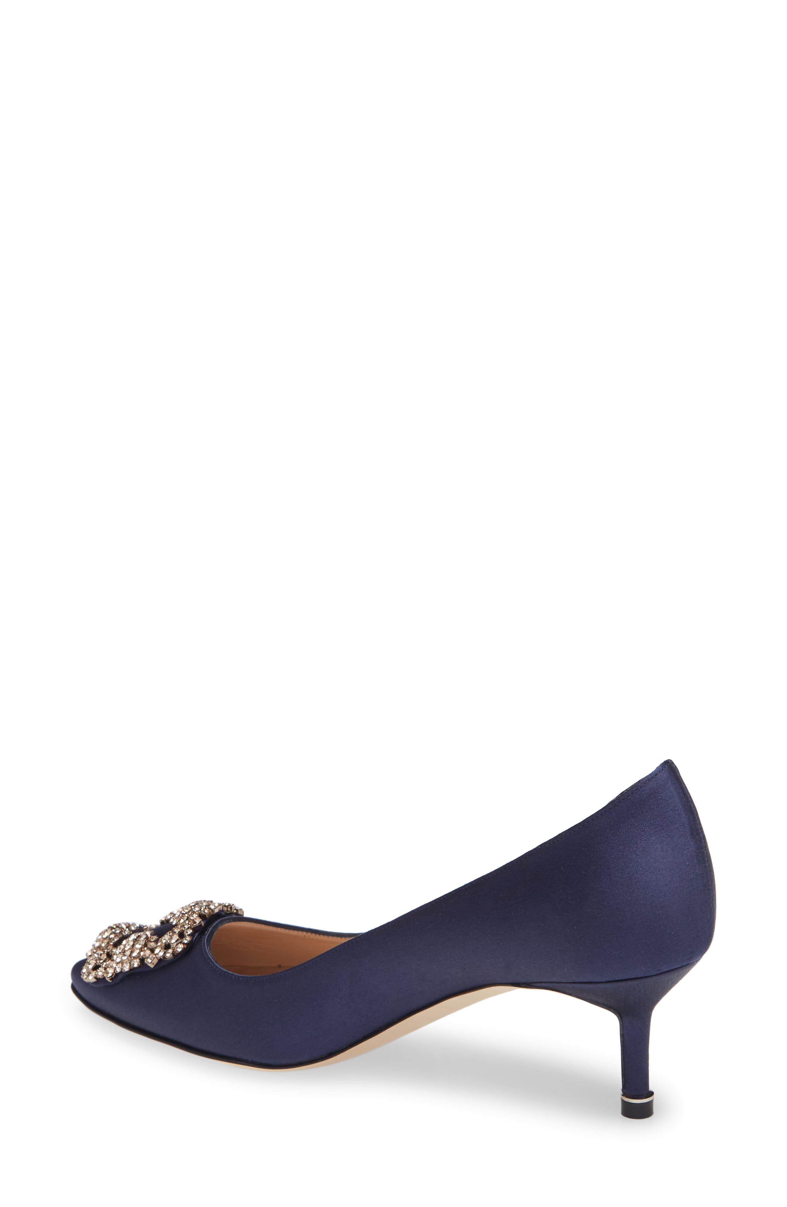 Manolo Blahnik Hangisi Jeweled Kitten Heel Pump, Alternate, color, Navy Satin/ Silk Buckle