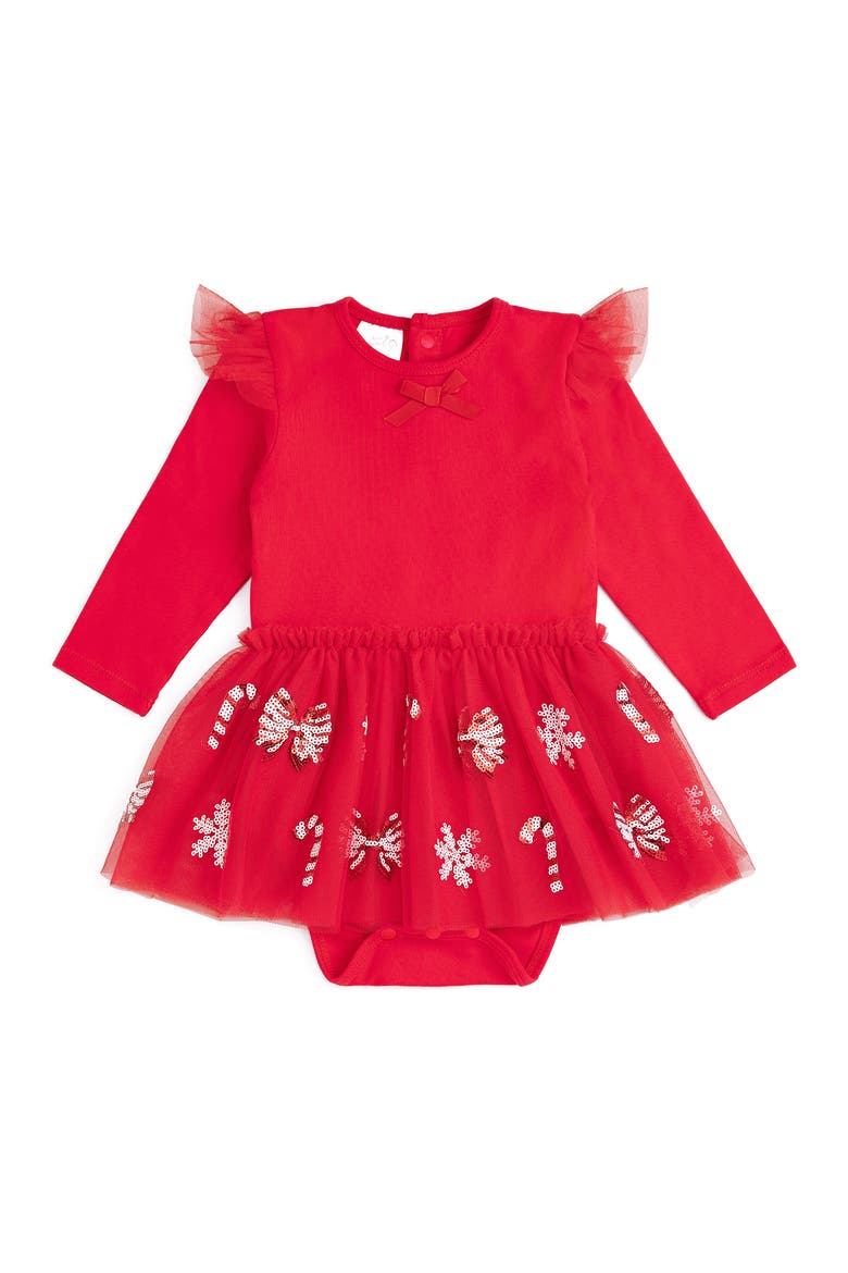 Peppermint Swirl Christmas Long Sleeve Tutu Bodysuit, Main, color, Red