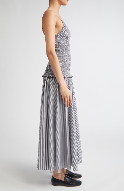 Brandon Maxwell The Josie Shirred Striped Cotton Midi Dress In Gray