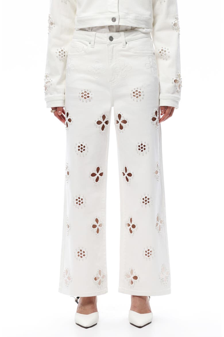 Studded Eyelet High Waist Straight Leg Jeans, Main, color, WHITE