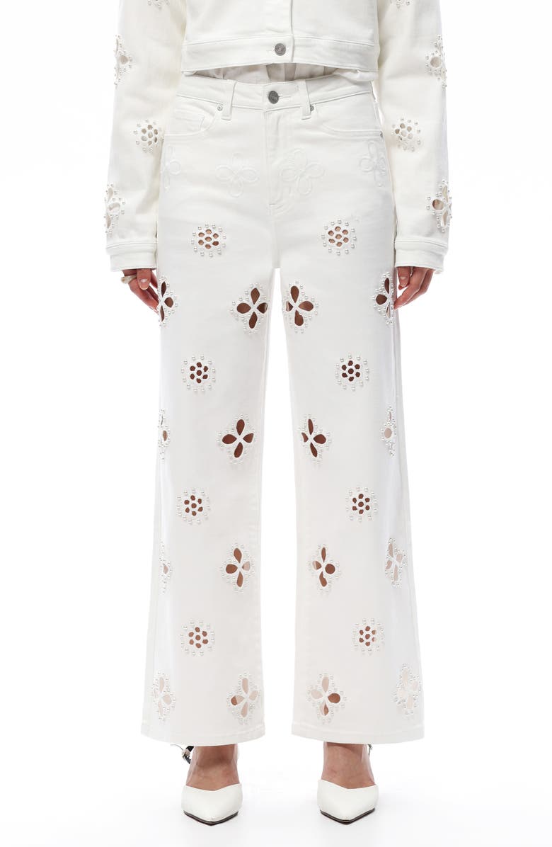 Bayeas Studded Eyelet High Waist Straight Leg Jeans, Main, color, White