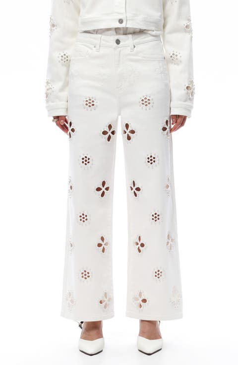 Studded Eyelet High Waist Straight Leg Jeans