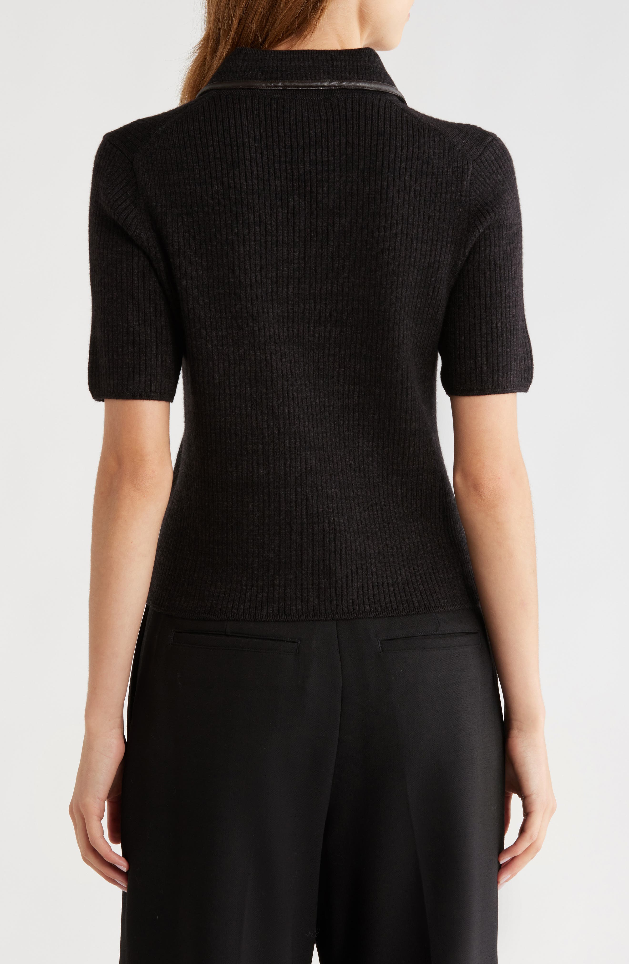 Caterina Faux Leather Piped Rib Wool Blend Sweater Polo - image 2