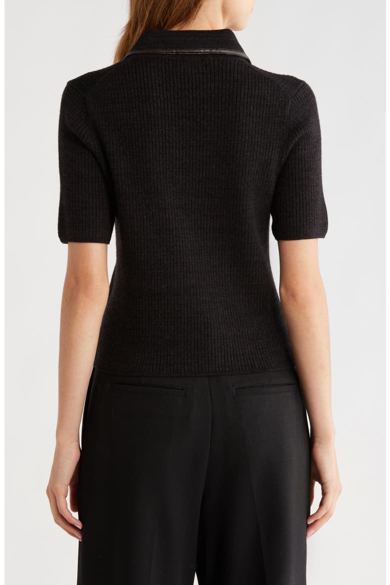 Caterina Faux Leather Piped Rib Wool Blend Sweater Polo, Alternate, color, DKBRN