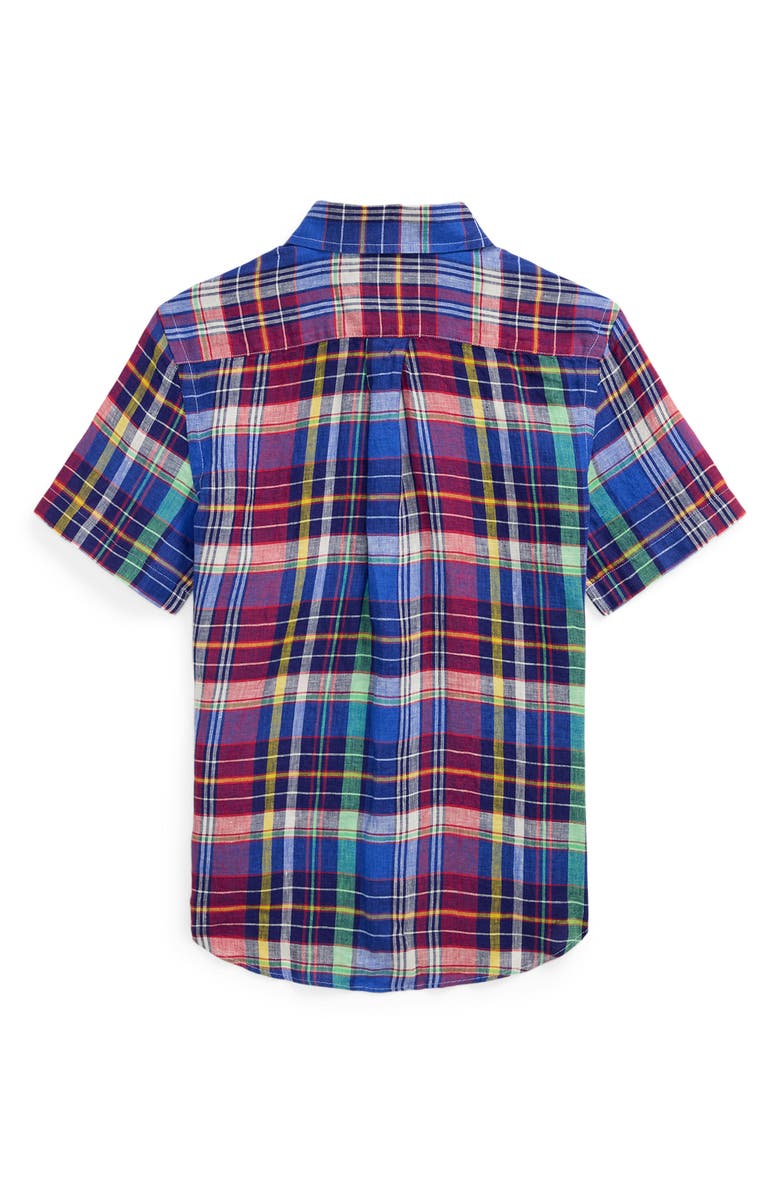 Polo Ralph Lauren Kids' Madras Plaid Short Sleeve Linen & Cotton Button-Down Shirt, Alternate, color, 