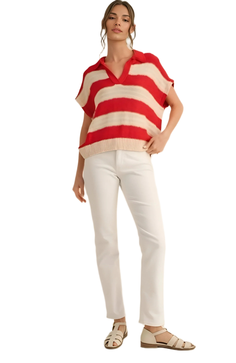Knit and Lounge Striped Knit Polo Top, Alternate, color, Red / Cream Striped