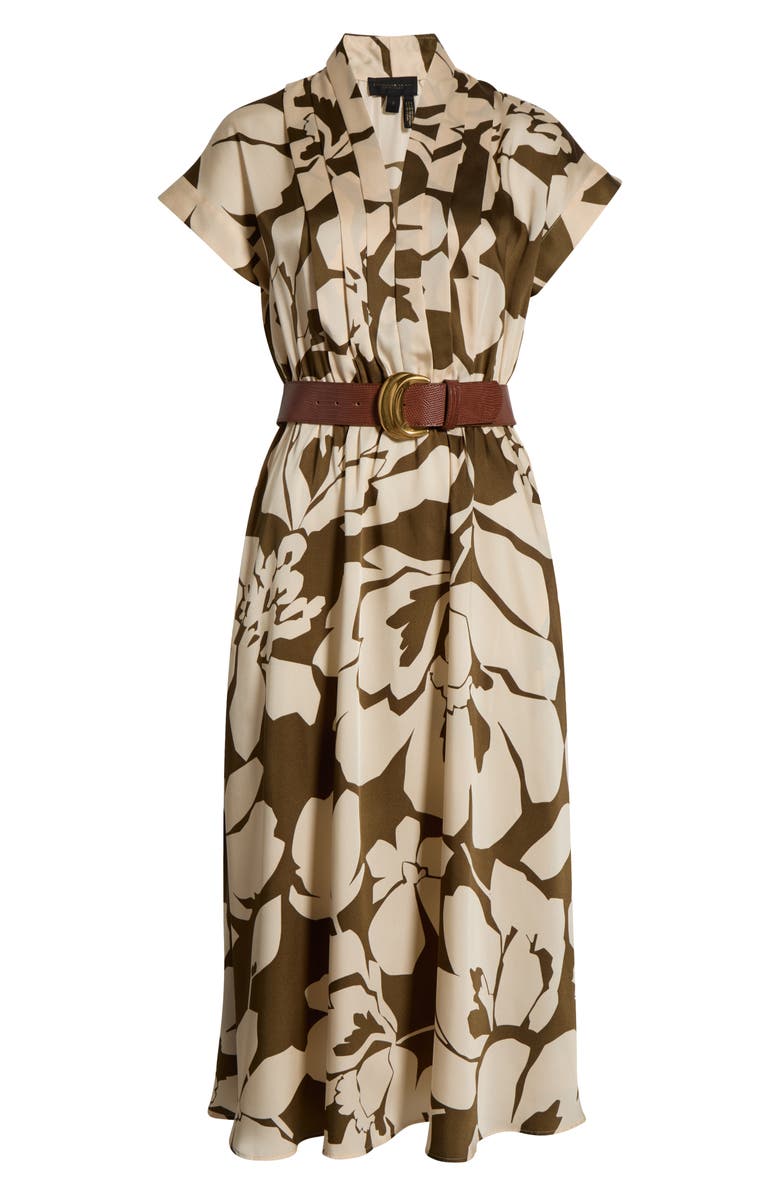 Donna Karan New York Floral Short Sleeve Belted A-Line Midi Dress, Alternate, color, Sap Green/ Camel