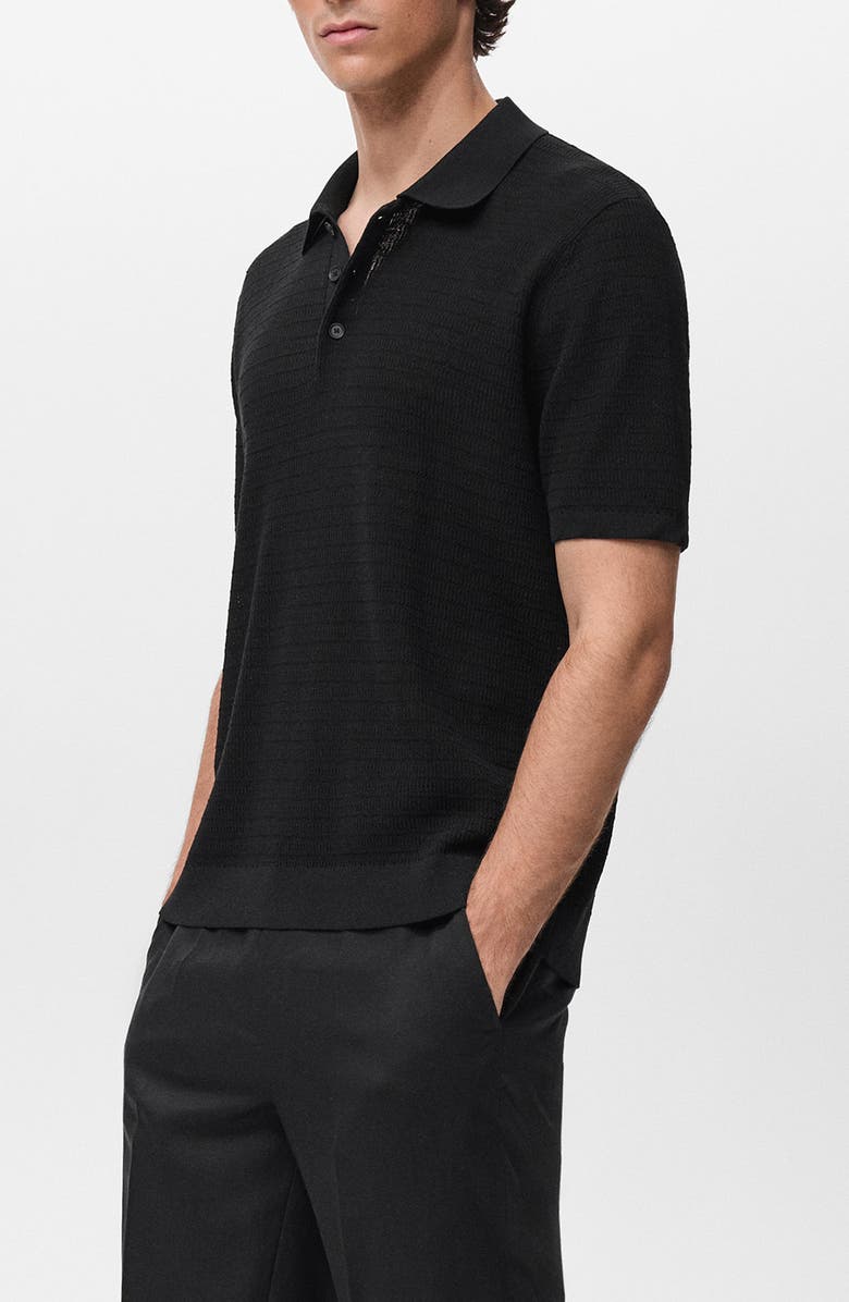MANGO Textured Cotton Blend Polo, Alternate, color, Black