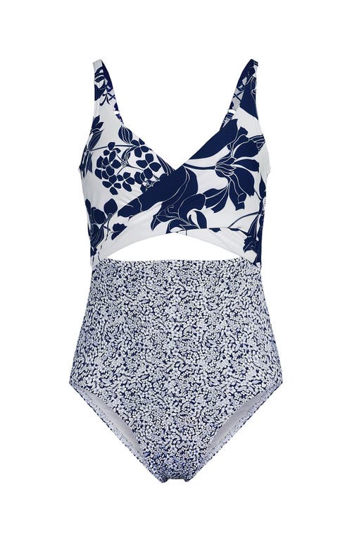 Lands' End Wrap Monokini High Leg One Piece Swimsuit In White/deep Sea Navy Lilies Mix