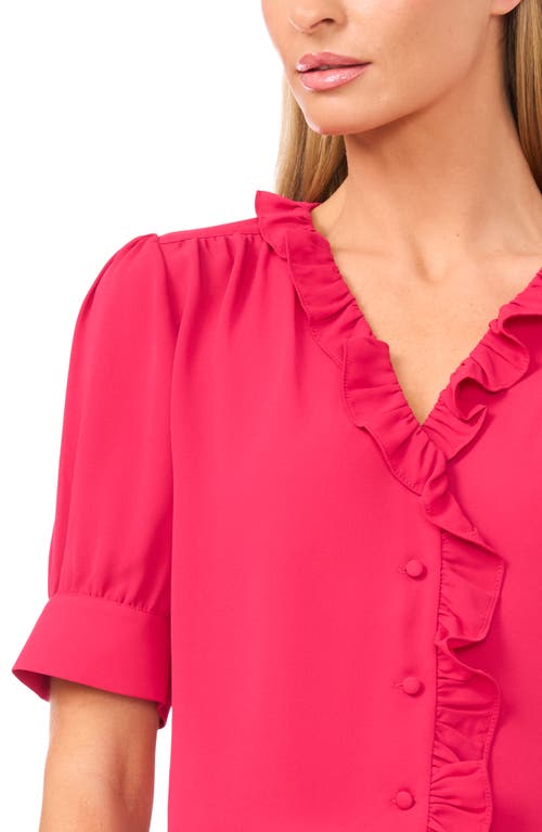Cece Ruffle Detail Short Sleeve Georgette Button-up Shirt In Red
