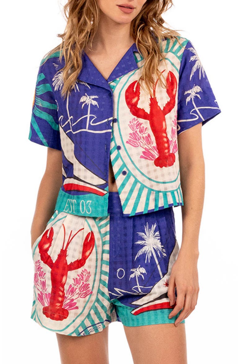 Prim Alina Crop Cotton Cover-Up Shirt, Main, color, BLUE MULTICOLOR