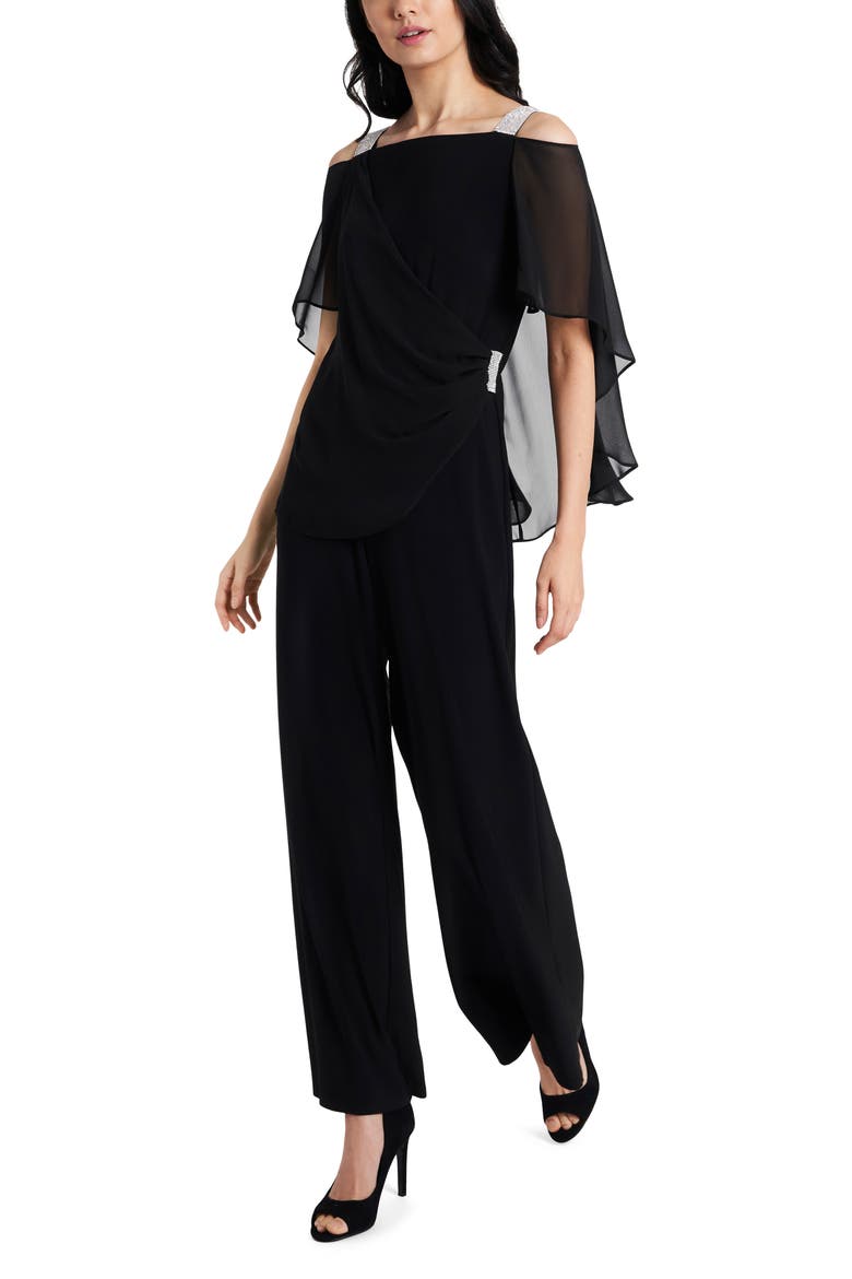 Rhinestone Trim Cape Jumpsuit, Main, color, BLACK