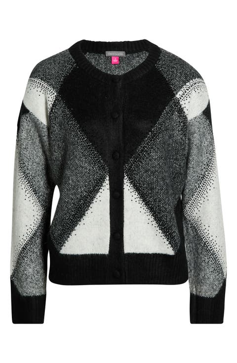 Argyle Button Front Cardigan With Rhinestones