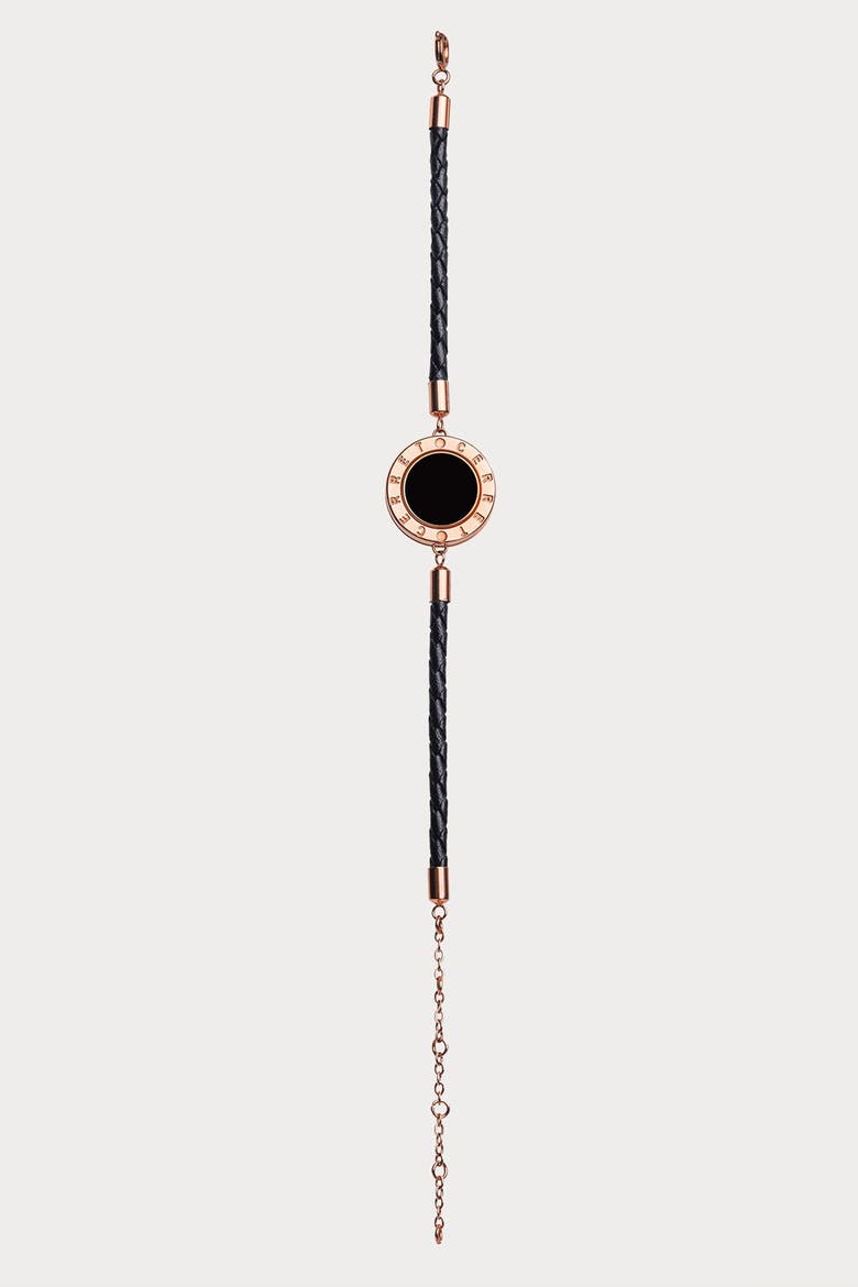 Rose Gold Plated Leather Strap With Black Enamel Luxury Safety Bracelet, Alternate, color, Rose Gold
