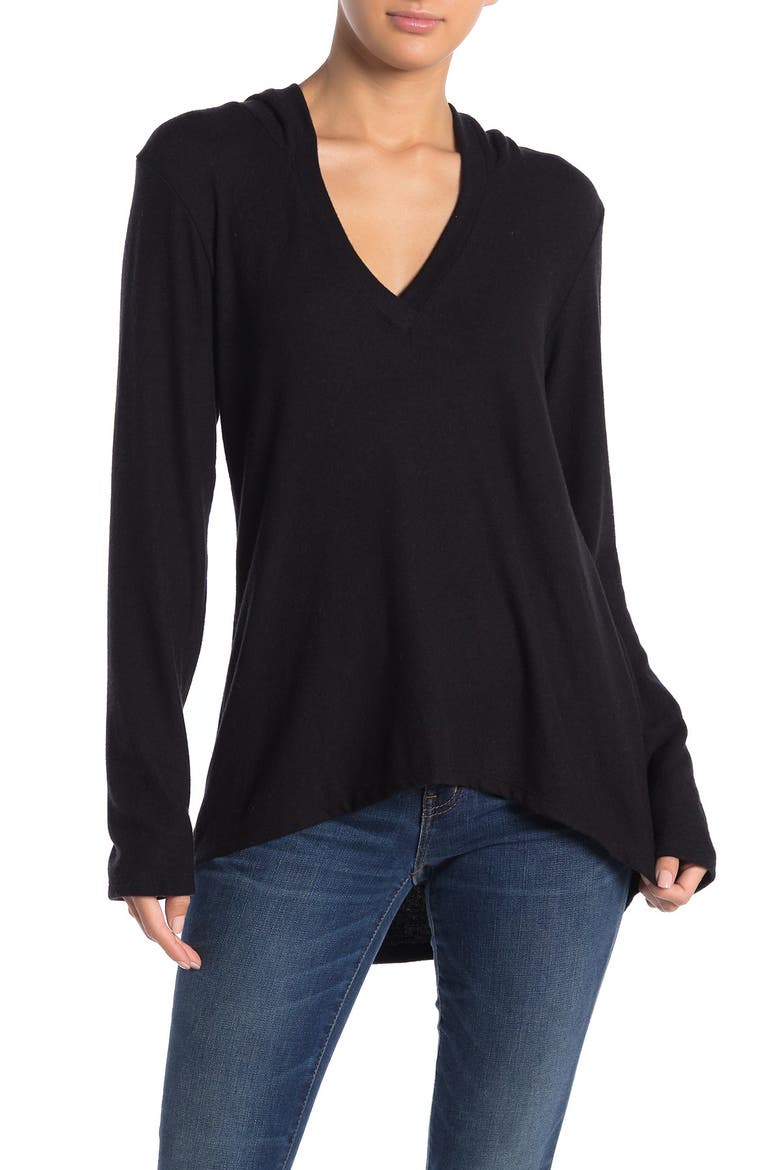 Deep V-Neck Hoood Brushed Hacci Sweater, Alternate, color, BLACK