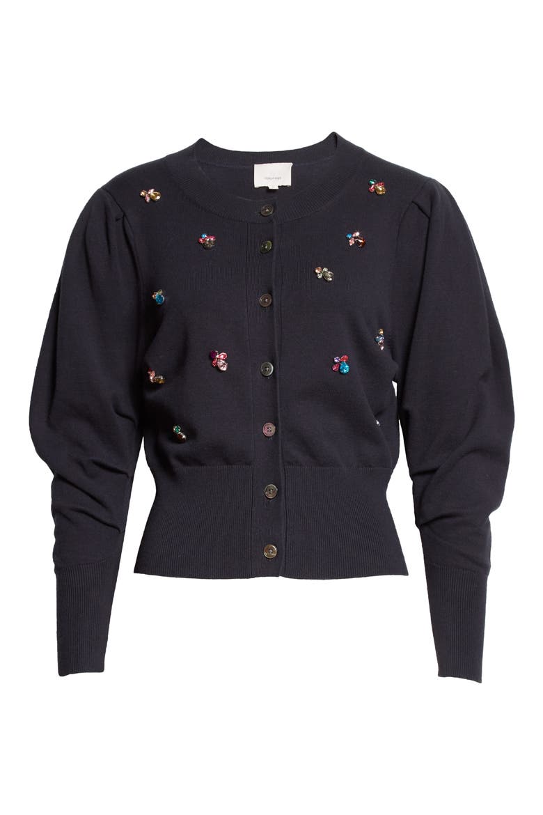 Cece Embellished Puff Sleeve Cardigan, Alternate, color, NAVY