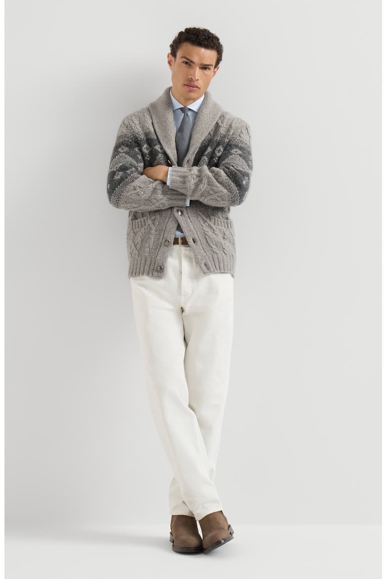 Virgin wool, silk and cashmere chiné cable knit cardigan with intarsia, Alternate, color, Grey