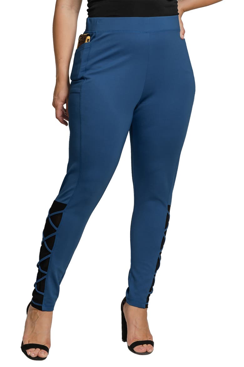 Interlaced Mesh Detail Leggings, Main, color, FRENCH NAVY