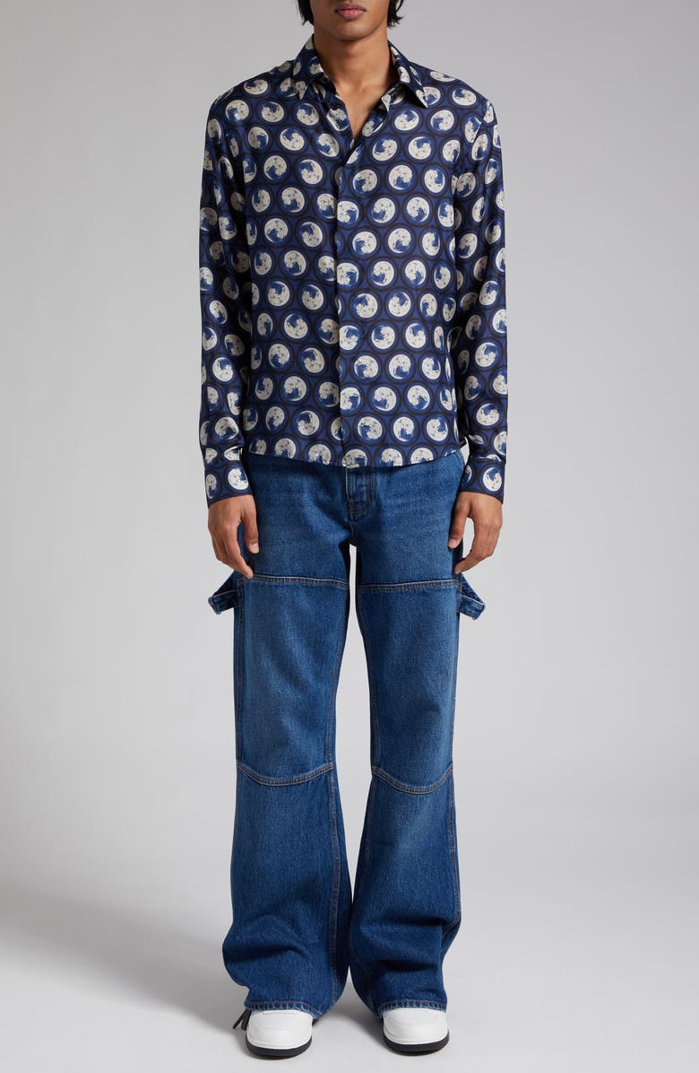 Off-White Moon Print Silk Button-Up Shirt, Alternate, color,