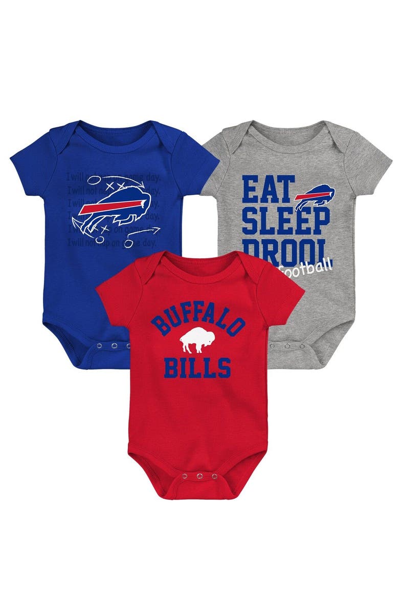 Outerstuff Newborn & Infant Red/Royal/Heather Gray Buffalo Bills Three-Pack Eat, Sleep & Drool Retro Bodysuit Set, Main, color, Red