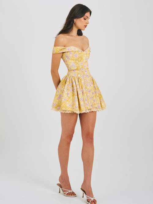Miss Circle Oana Floral Print Linen Collared Off Shoulder Mini Dress In Brown
