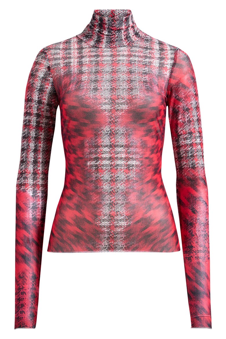 Zadie Mock Neck Printed Mesh Top, Alternate, color, RUBY HOUNDSTOOTH