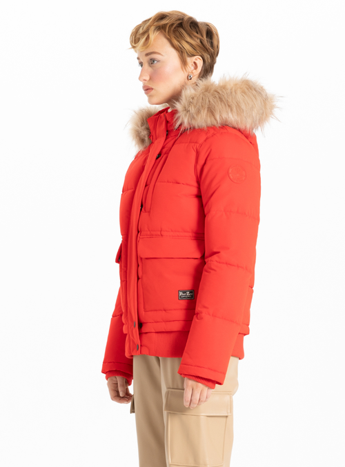 Point Zero Removable Hood & Fur Bomber In Red