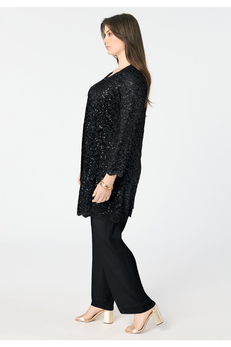Plus Size 3 Piece Allover Sequin Lace Jacket And Tank Pant Set, Alternate, color, BLACK