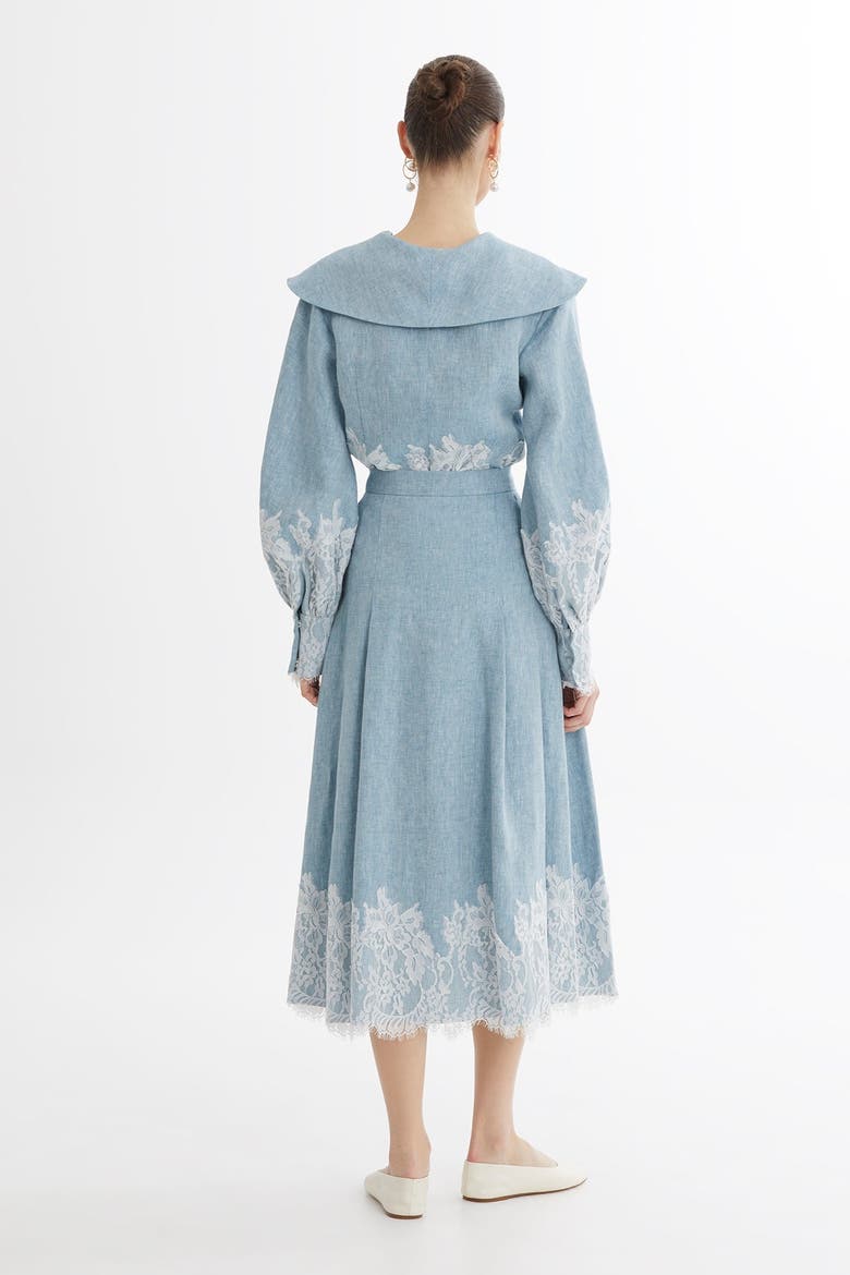 Blue Lace Trim Linen Midi Skirt, Alternate, color, Blue