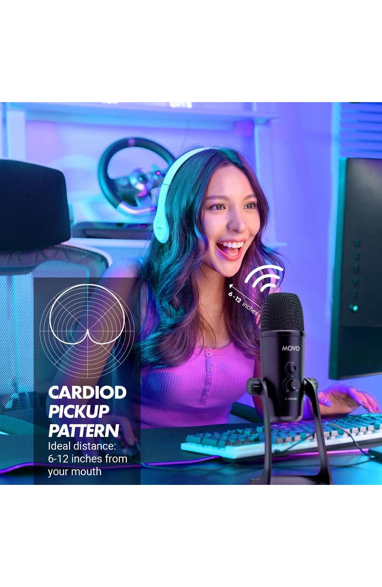 MOVO UM700 Desktop Studio USB Microphone with Stereo, Cardioid, Omnidirectional, and Bi-Directional Polar Patterns, Alternate, color, Black