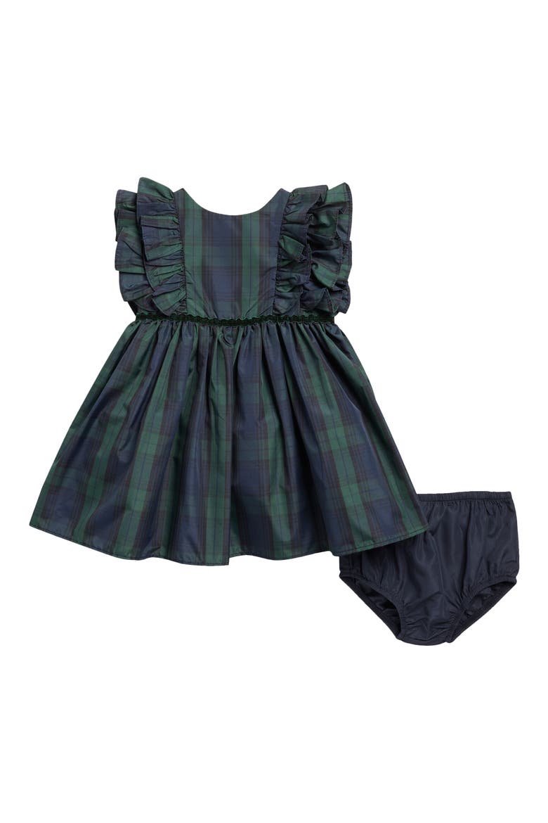 Rebecca Ruffled Plaid Dress & Bloomers, Main, color, GREEN