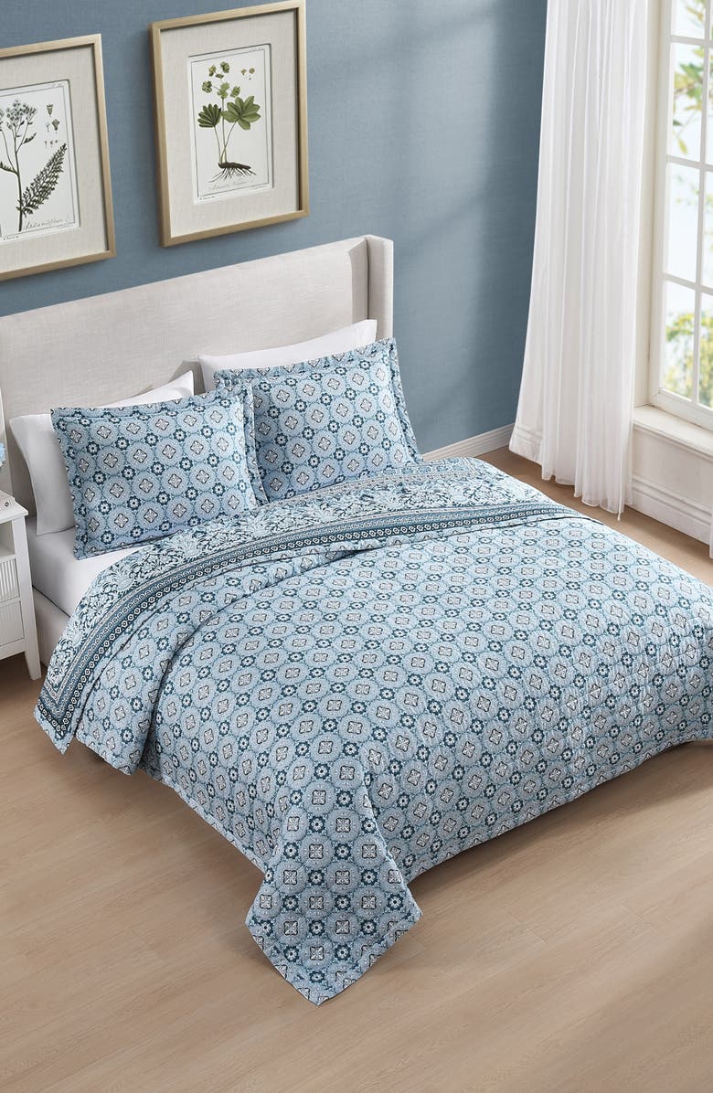 Bebejan Aquamarine Medallion Cotton Reversible Quilted Coverlet Set, Alternate, color, Blue