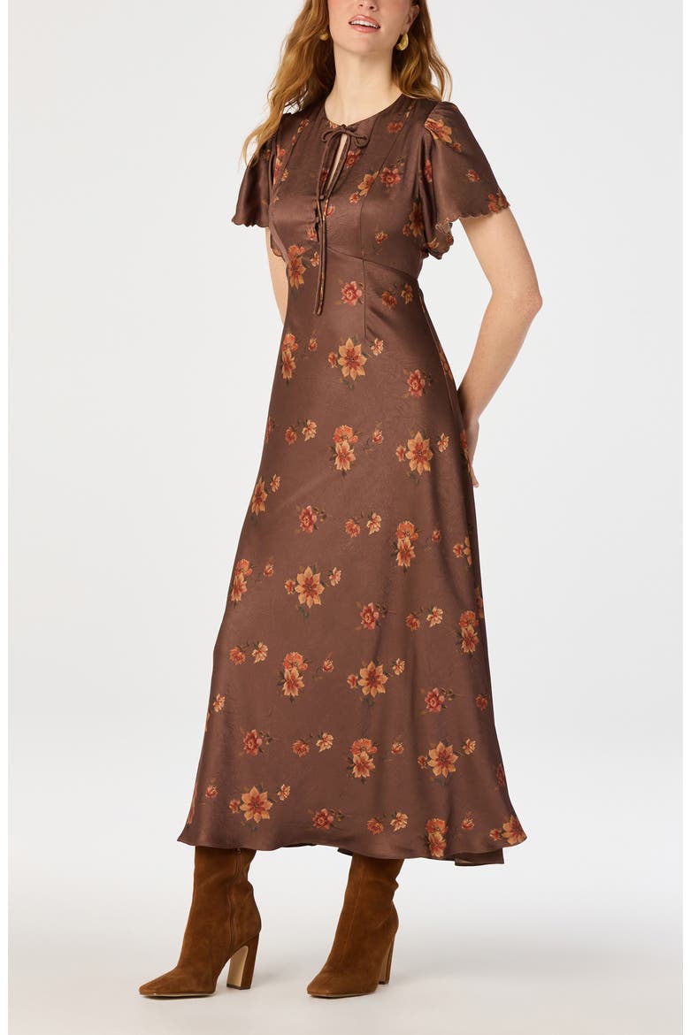 Riley Floral Satin Midi Dress, Alternate, color, LIGHT BROWN FLORAL