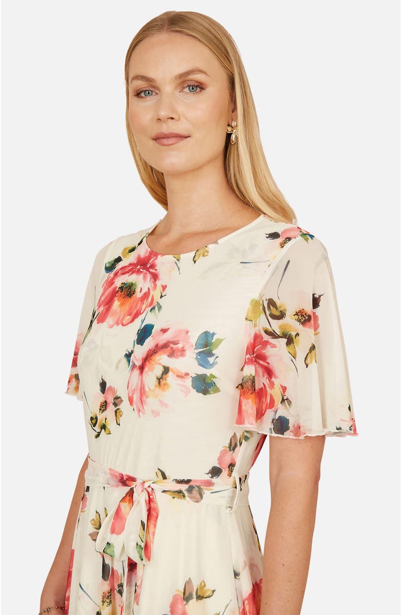 Yumi Mesh Floral Print Midi Dress, Alternate, color, Ivory