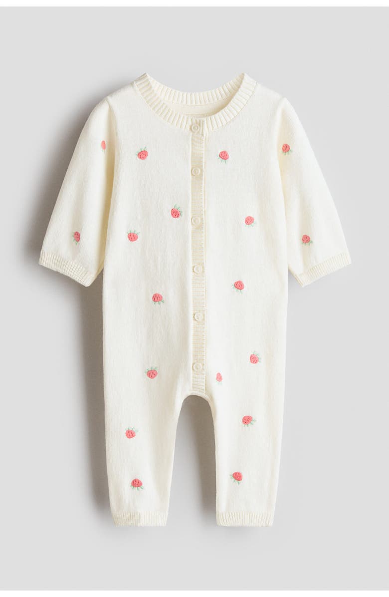 H&M Cotton-knit Romper Suit, Main, color, Cream/Strawberries