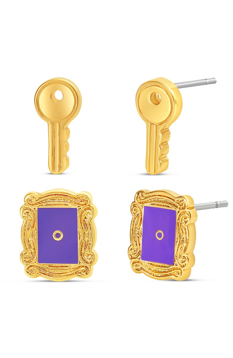 Friends Peephole Frame and Key Stud Earrings, 2 Pair Set, Main, color, Gold