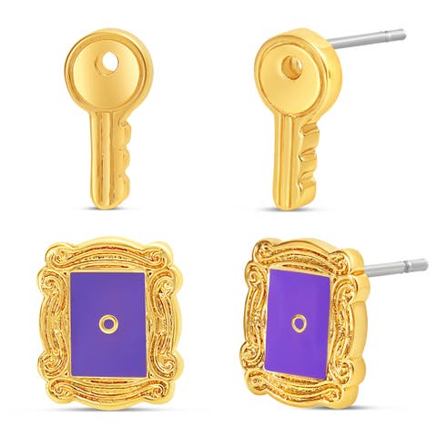 Peephole Frame and Key Stud Earrings, 2 Pair Set