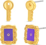 Friends Peephole Frame and Key Stud Earrings, 2 Pair Set