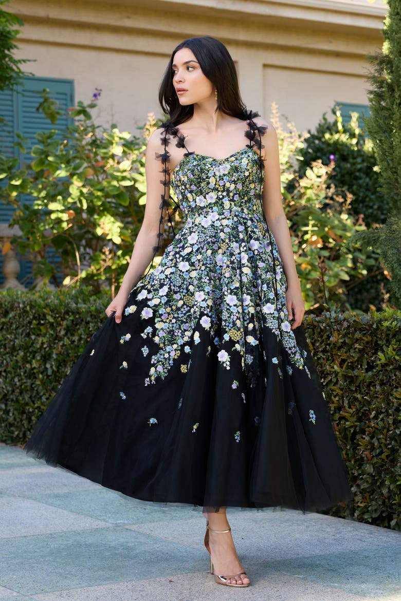 Floral Embroidered Tulle A-Line Gown, Alternate, color, Black Multi