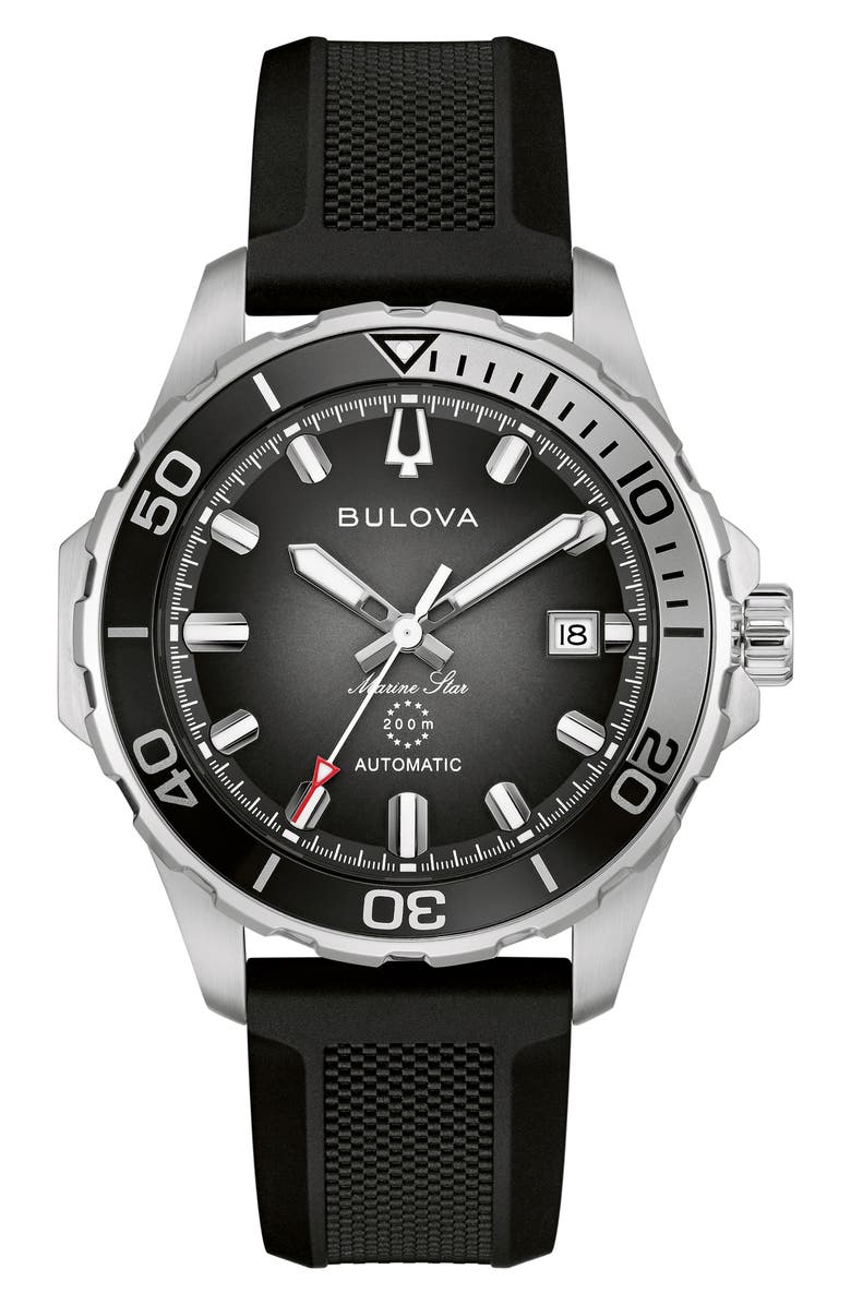 BULOVA Marine Star Series B Rubber Strap Watch, 41mm, Main, color, Black
