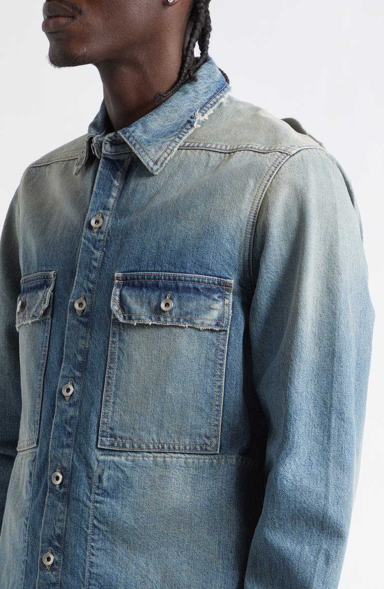 Rick Owens DRKSHDW Distressed Denim Overshirt, Alternate, color, Washed Indigo