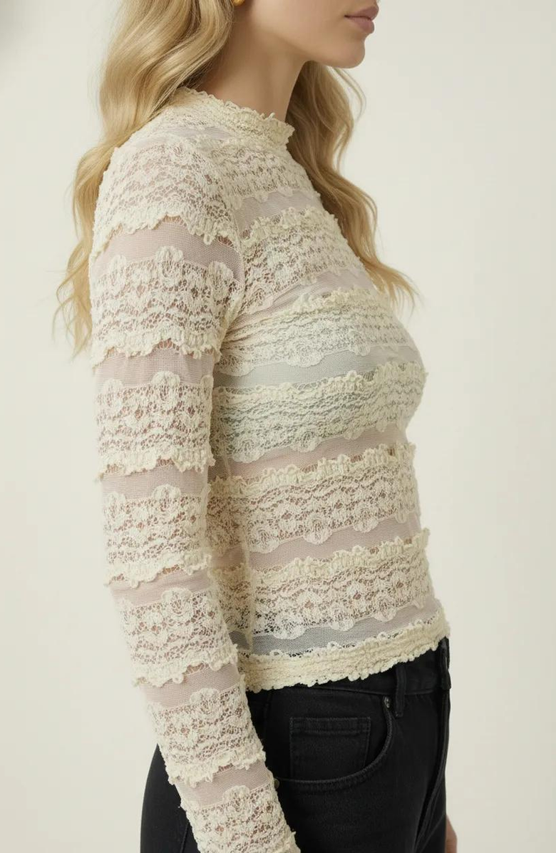 Modenaire Sheer Lace Long Sleeve Top with Scalloped Mock Neck, Alternate, color, 