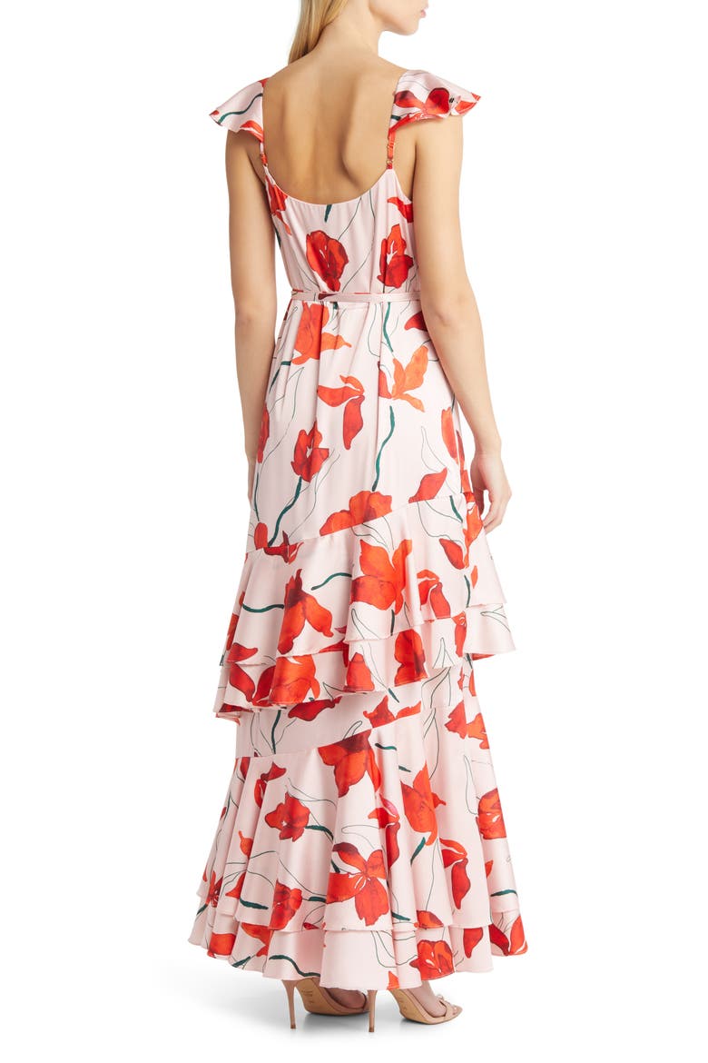 Senna Floral Tiered Wrap Maxi Dress, Alternate, color, BLUSH RED POPPIES SATIN
