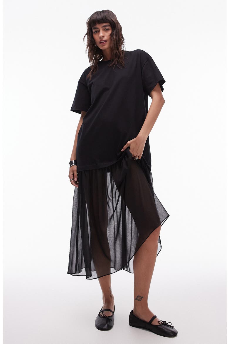 Mixed Media T-Shirt Dress, Main, color, BLACK