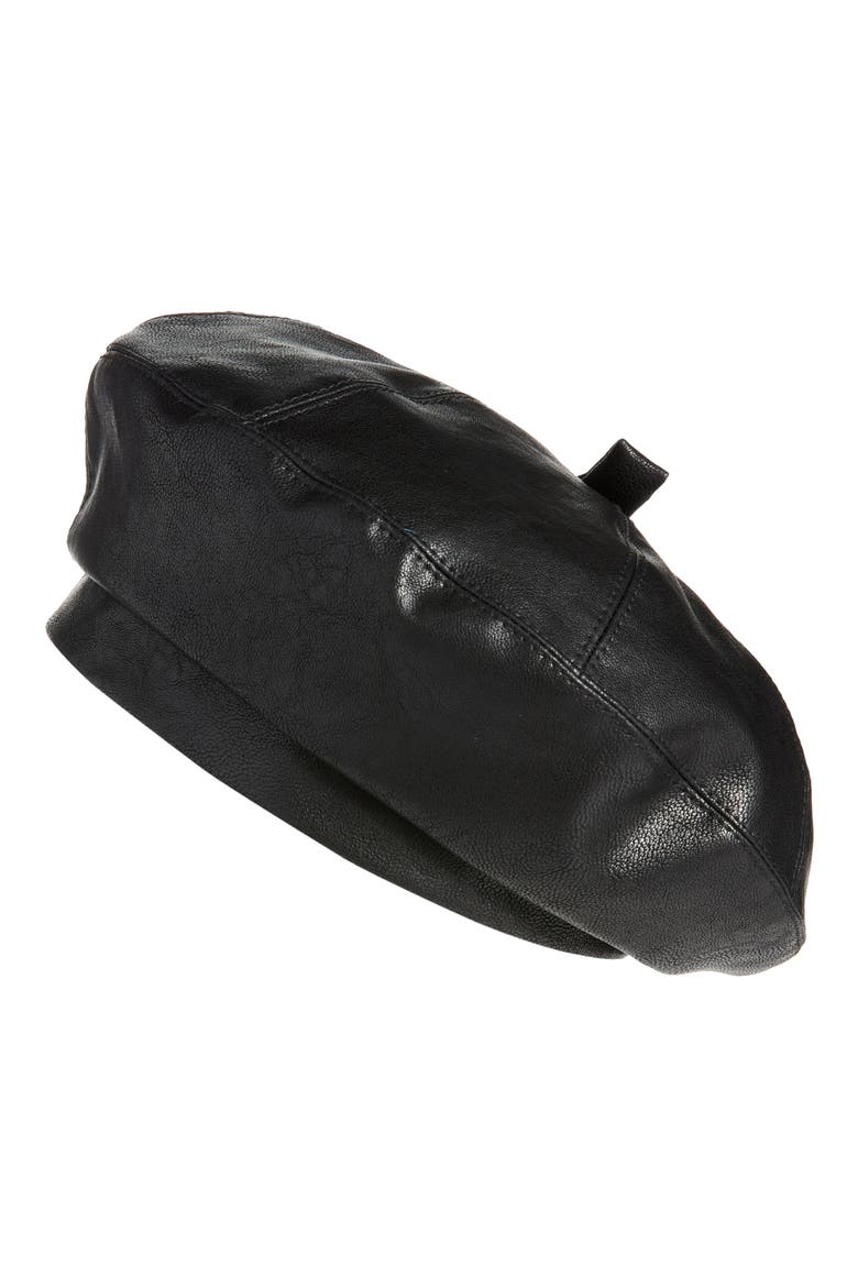 Faux Leather Beret, Main, color, BLACK