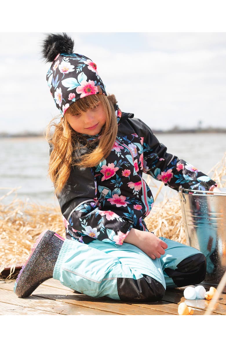 Deux par Deux Stretch Jersey Hat Printed Flowers with Pompom, Alternate, color, Black Floral Print